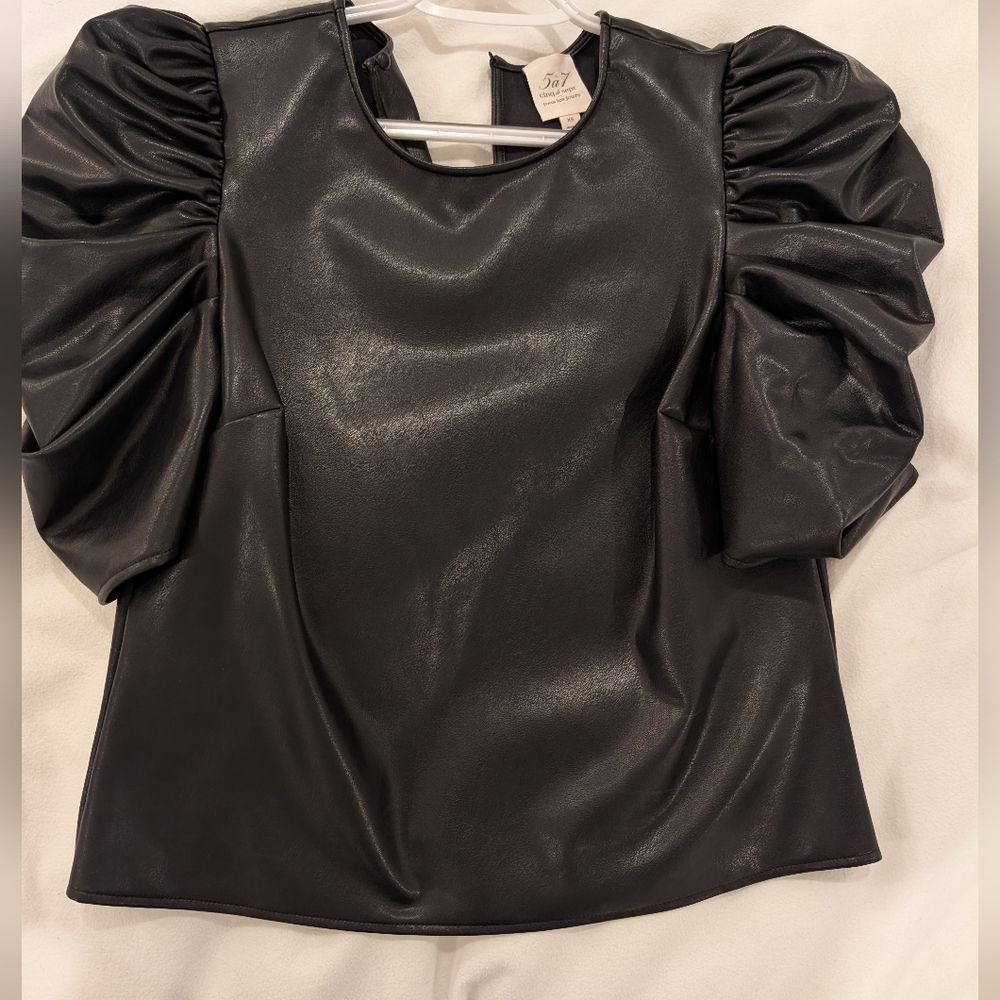 Cinq A Sept Puff Sleeve Faux Leather Top